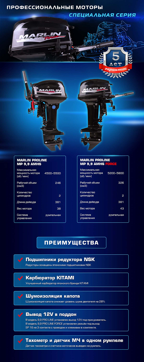 Лодочный мотор MARLIN PROLINE MP 9.9 (20) AMHS FORCE в Воронеже